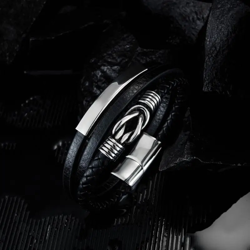 Классический панк Многослойная строчка Комбинация Высококачественный металлический мужской роскошный кожаный браслет - 1