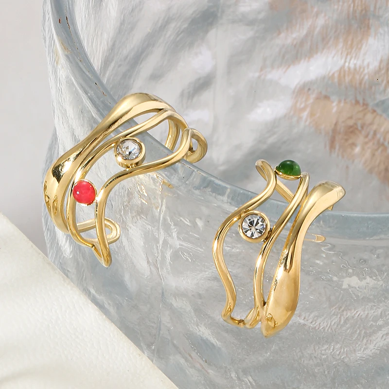  Нержавеющая сталь Волнообразный узор Многослойные полые инкрустированные кольца из натурального камня для женщин Легкие роскошные ювелирные изделия с широкой версией оптом - 0