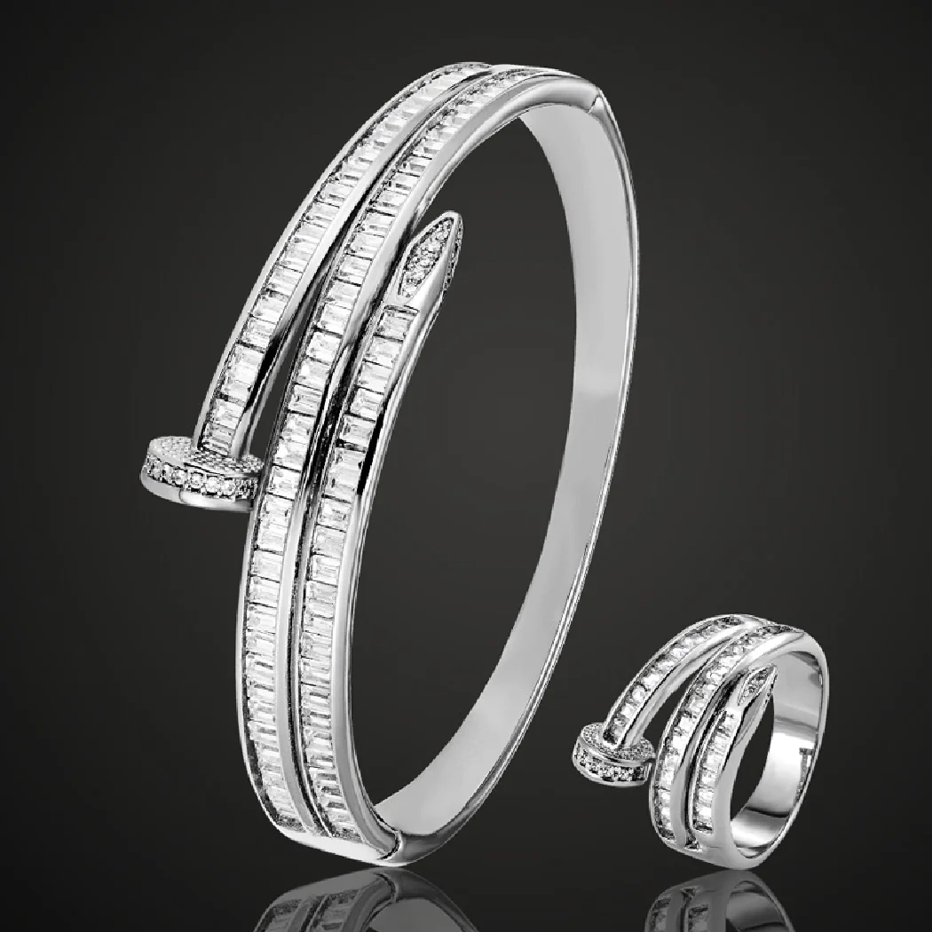 Модные женские размеры T кубический циркон браслет для ногтей кольцо свадебные ювелирные изделия наборы металлический медь микро паве закрепка браслет бесплатно одна маска - 0