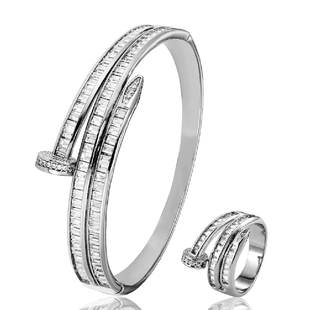 Модные женские размеры T кубический циркон браслет для ногтей кольцо свадебные ювелирные изделия наборы металлический медь микро паве закрепка браслет бесплатно одна маска - 1