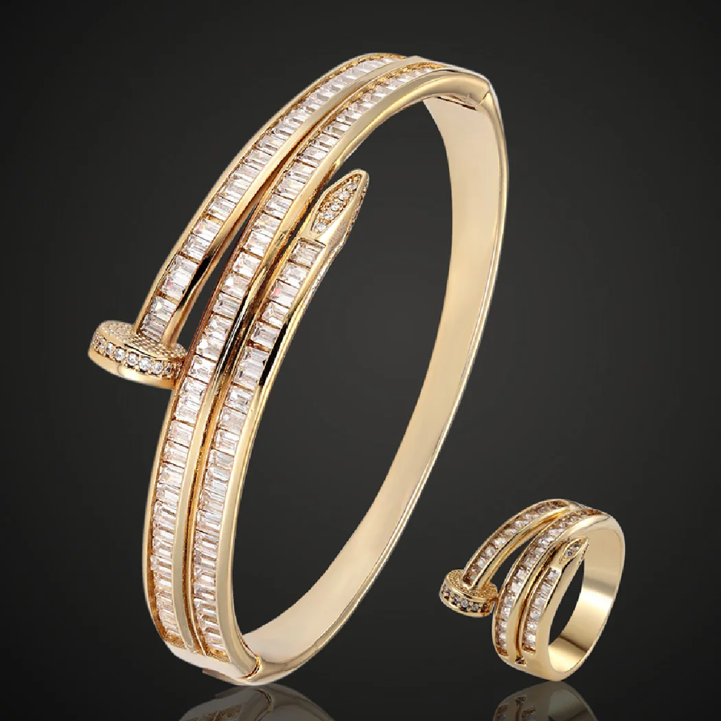 Модные женские размеры T кубический циркон браслет для ногтей кольцо свадебные ювелирные изделия наборы металлический медь микро паве закрепка браслет бесплатно одна маска - 3