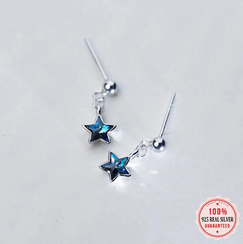 Real 925 Стерлинговое серебро Мода Синий Кристалл Геометрическая Звезда Серьги-гвоздики для женщин Свадебные ювелирные изделия DA052 - 0