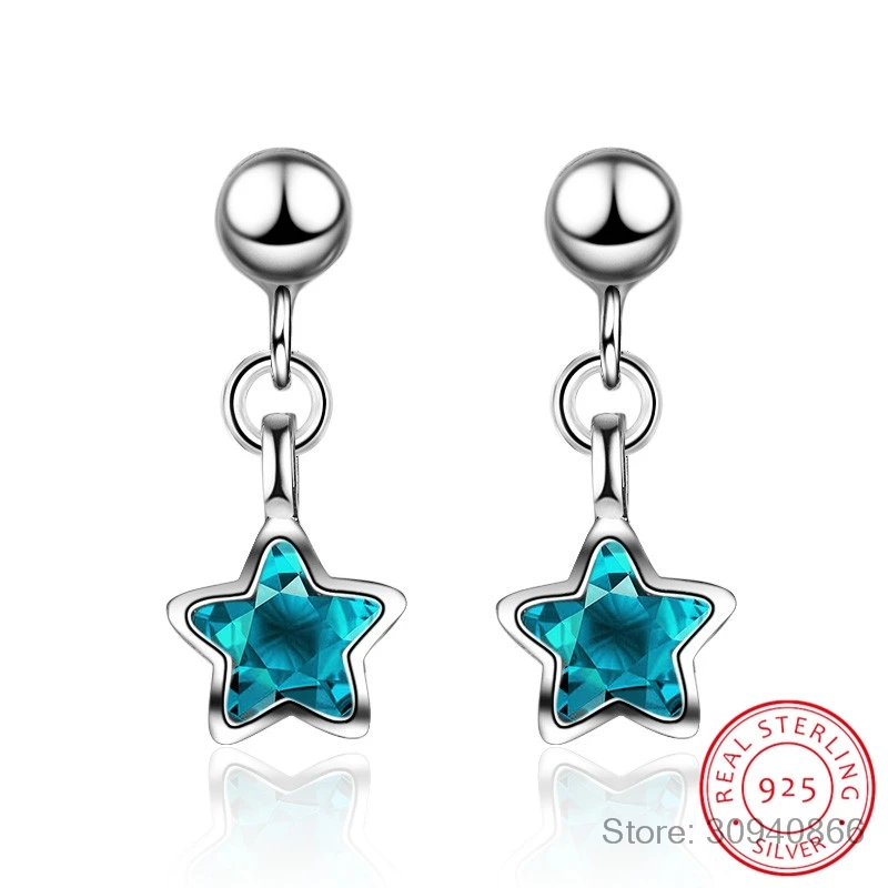 Real 925 Стерлинговое серебро Мода Синий Кристалл Геометрическая Звезда Серьги-гвоздики для женщин Свадебные ювелирные изделия DA052 - 1