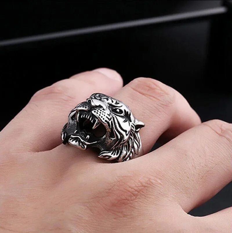 Fashion Кольцо ручной работы с оригинальным дизайном головы тигра для мужчин ретро хипстер одинарное регулируемое кольцо панк ювелирные изделия подарок - 5