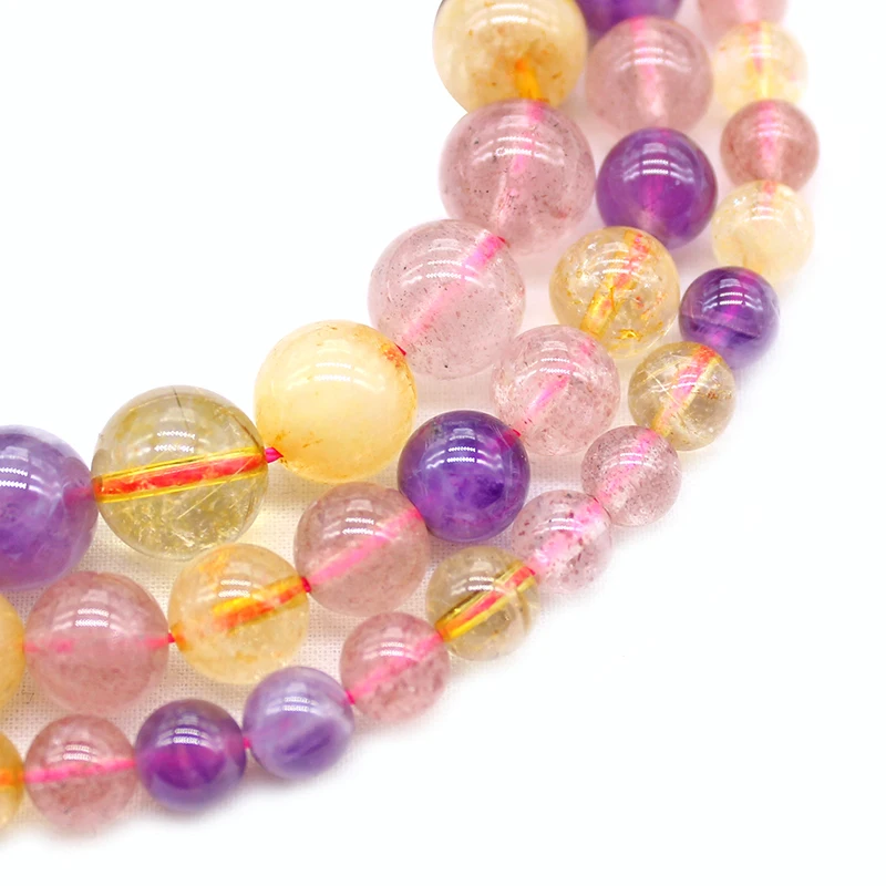 Высококачественные натуральные кристаллические драгоценные камни Желтый, фиолетовый, розовый Камень 6 мм 8 мм 10 мм Ожерелье Браслет Ювелирные изделия Свободные бусины 15 дюймов - 5