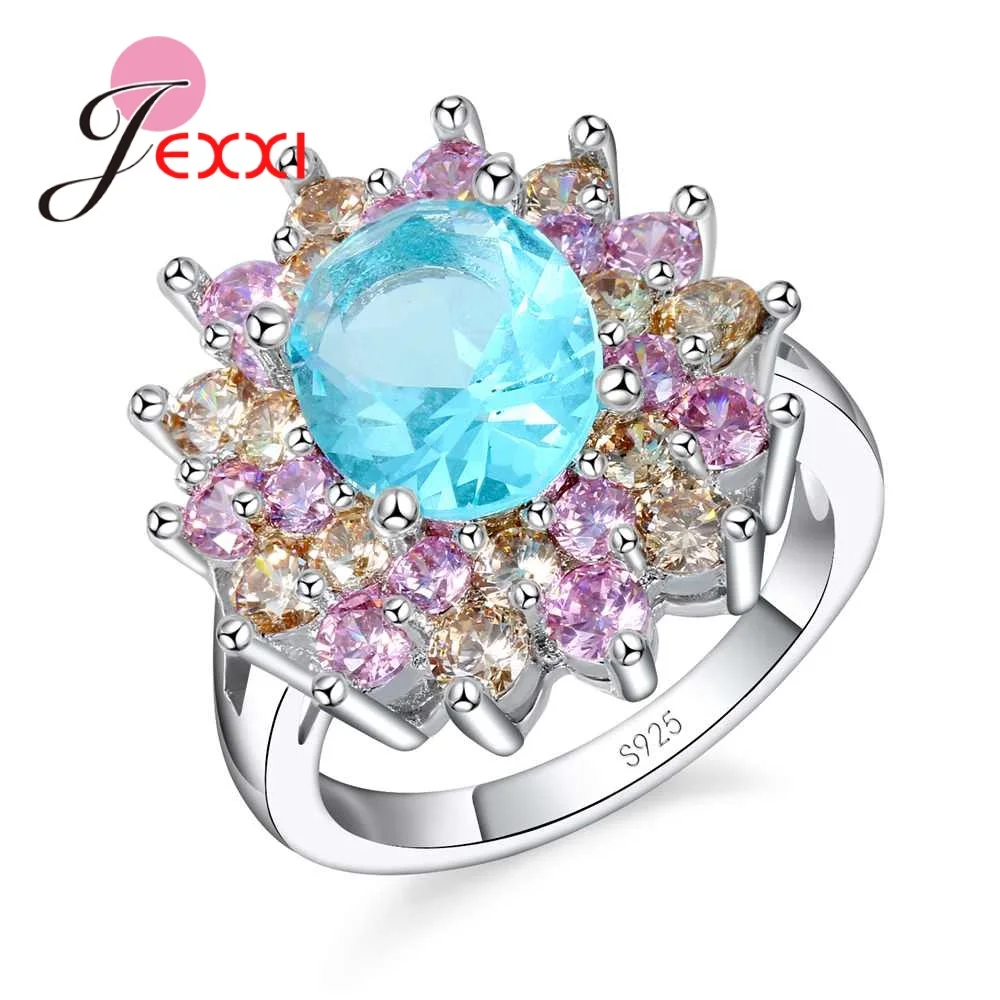 Благородное 3-цветное цветочное кольцо Преувеличенный дизайн 925 стерлингового серебра Кубический циркон Ювелирные изделия Блестящий синий/розовый/шампанское Анель - 0