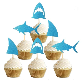 24 упаковки Топперы для кексов с блестками с акулой, тематические принадлежности для вечеринок с акулами, украшения, подарок на день рождения для детского душа.