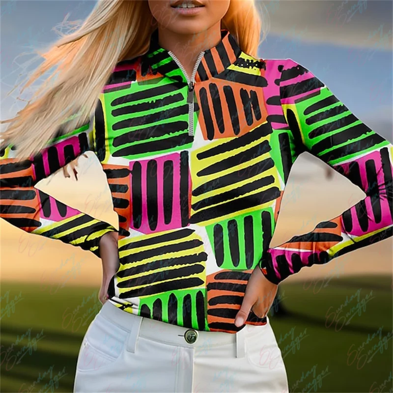 Открытый гольф Спорт Женская рубашка-поло для гольфа с длинным рукавом Дышащая быстросохнущая влагоотводящая модная теннисная рубашка для гольфа с принтом - 0