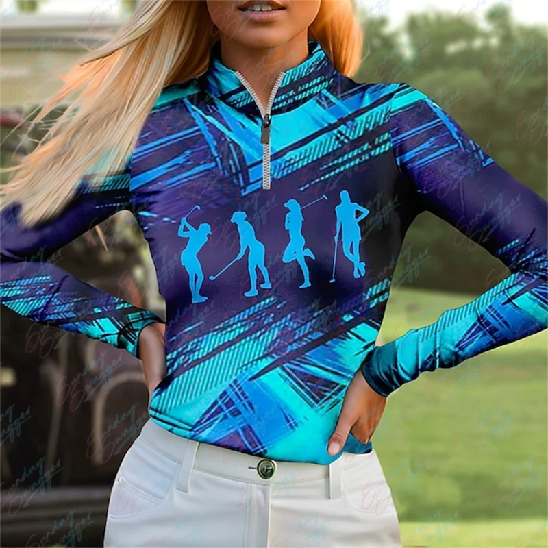 Открытый гольф Спорт Женская рубашка-поло для гольфа с длинным рукавом Дышащая быстросохнущая влагоотводящая модная теннисная рубашка для гольфа с принтом - 1
