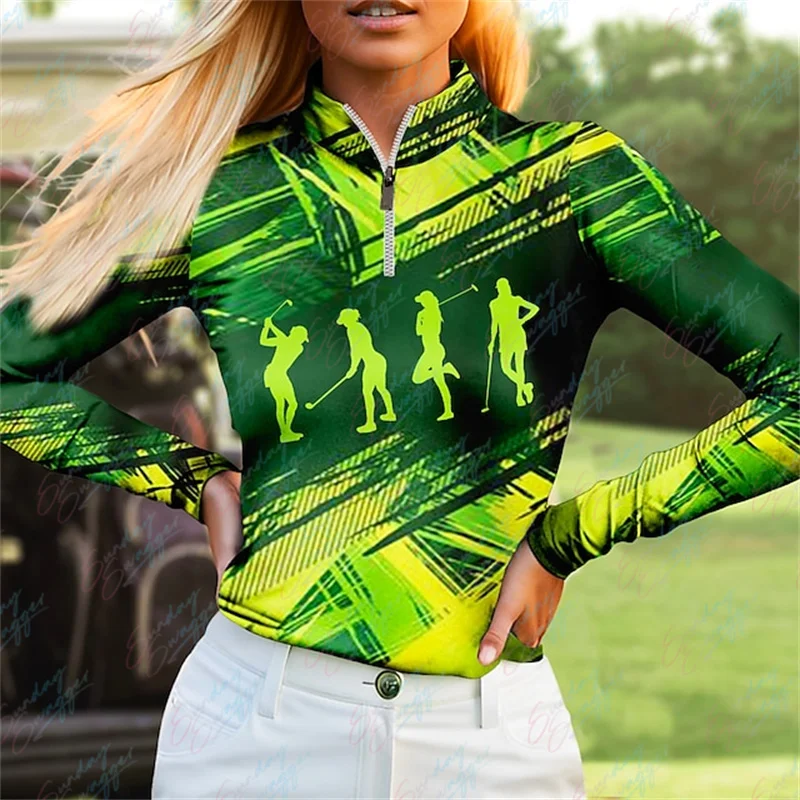 Открытый гольф Спорт Женская рубашка-поло для гольфа с длинным рукавом Дышащая быстросохнущая влагоотводящая модная теннисная рубашка для гольфа с принтом - 2
