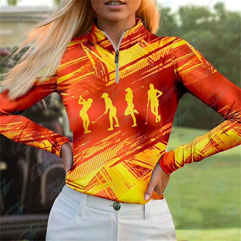 Открытый гольф Спорт Женская рубашка-поло для гольфа с длинным рукавом Дышащая быстросохнущая влагоотводящая модная теннисная рубашка для гольфа с принтом - 3