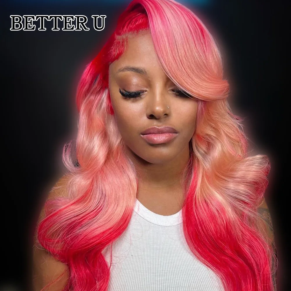 200% плотность омбре красный розовый 613 цветные парики из натуральных волос для тела 13X4 13X6 кружевные фронтальные парики, предварительно выщипанные для женщин - 0