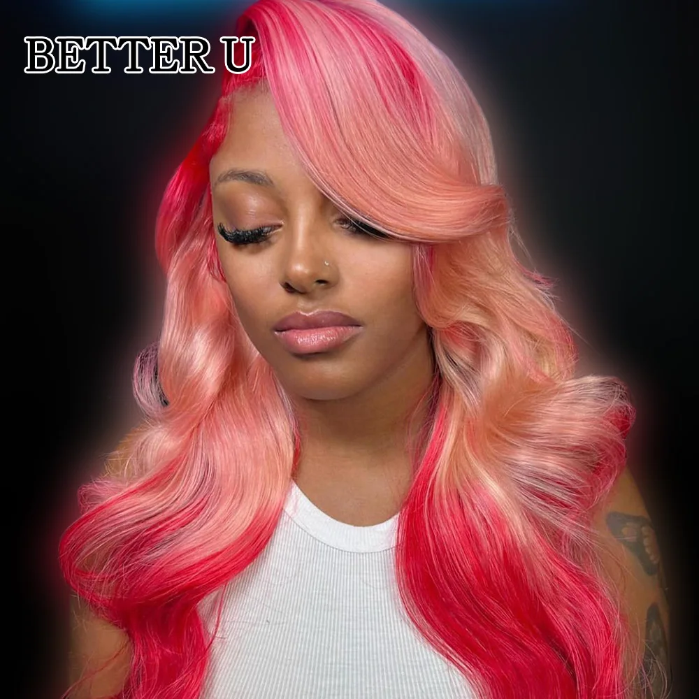 200% плотность омбре красный розовый 613 цветные парики из натуральных волос для тела 13X4 13X6 кружевные фронтальные парики, предварительно выщипанные для женщин - 1