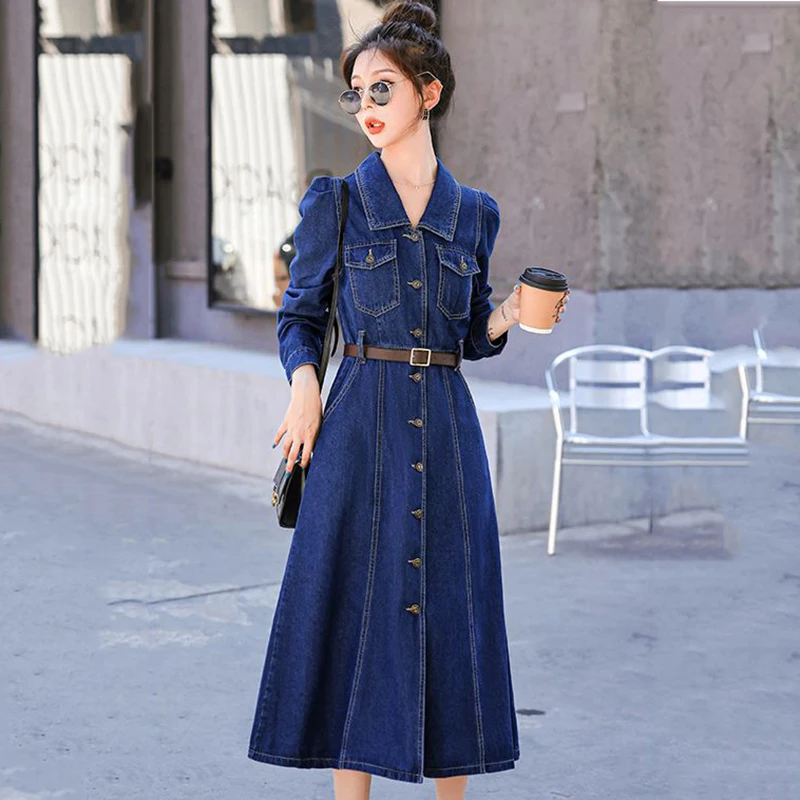 Женское осеннее новое джинсовое платье Однобортное синее уличное бомбер Винтажные джинсовые платья Мода Элегантное длинное платье Женское 2023 - 0