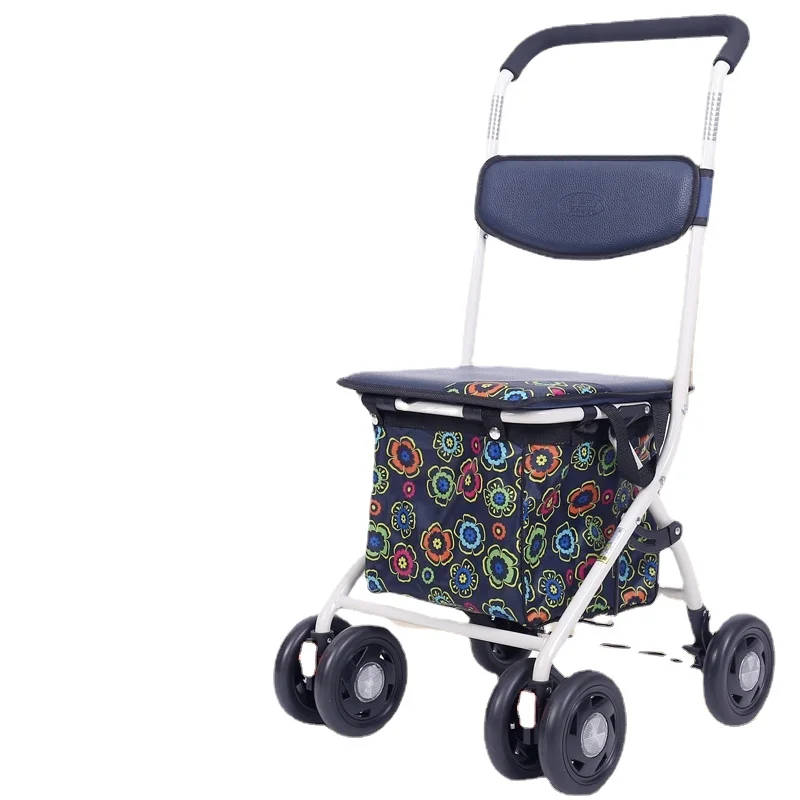 легкая тележка для покупок, тележка для пожилых людей, покупка продуктов, вспомогательное средство для ходьбы, портативное четырехколесное транспортное средство, может сидеть в сложенном состоянии 지팡이 의자 - 0