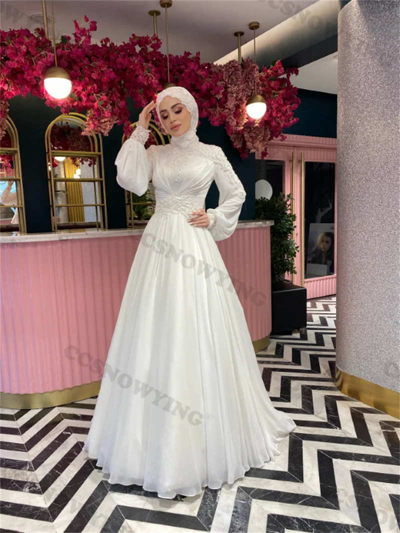 Великолепная наклейка Украшение бисером Мусульманское свадебное платье Длинный рукав Пайетки Исламское свадебное платье Хиджаб Арабский халат - 0