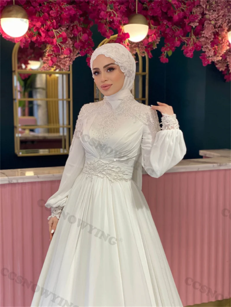 Великолепная наклейка Украшение бисером Мусульманское свадебное платье Длинный рукав Пайетки Исламское свадебное платье Хиджаб Арабский халат - 1