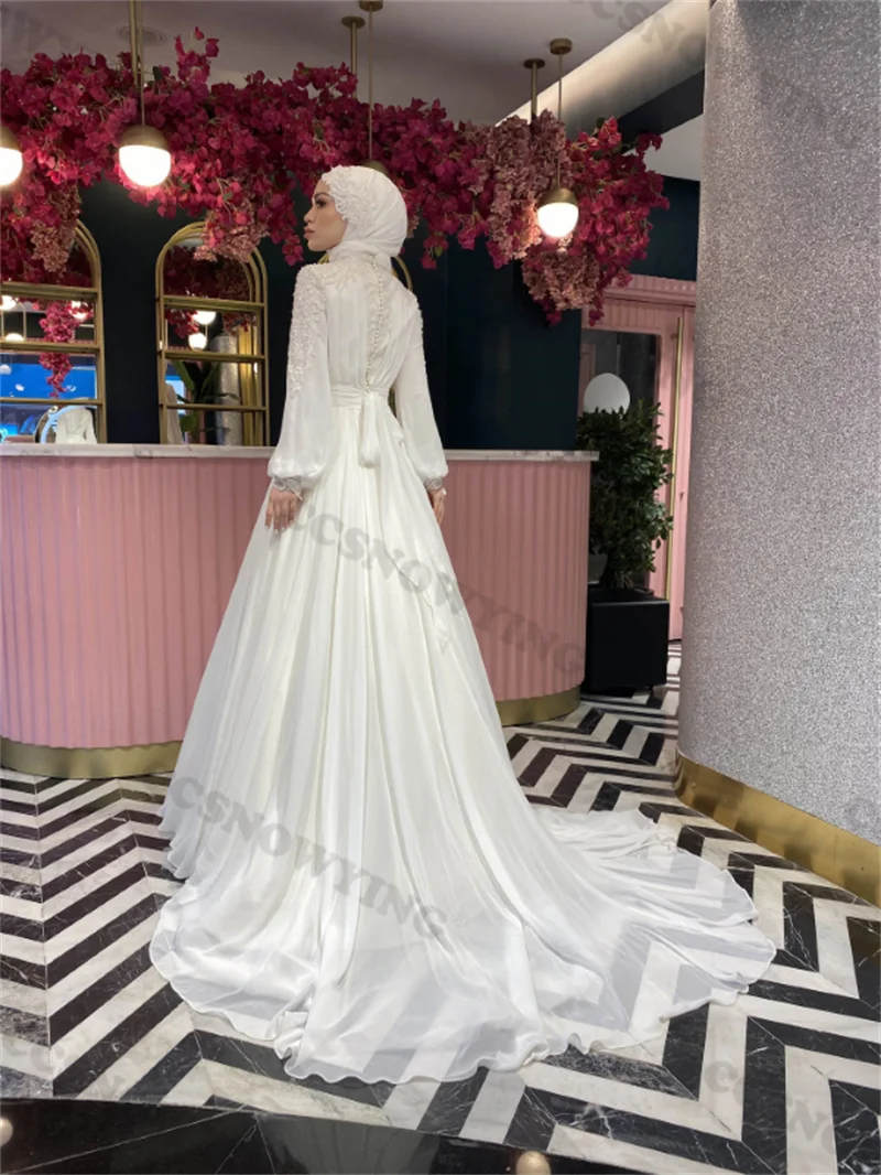 Великолепная наклейка Украшение бисером Мусульманское свадебное платье Длинный рукав Пайетки Исламское свадебное платье Хиджаб Арабский халат - 3
