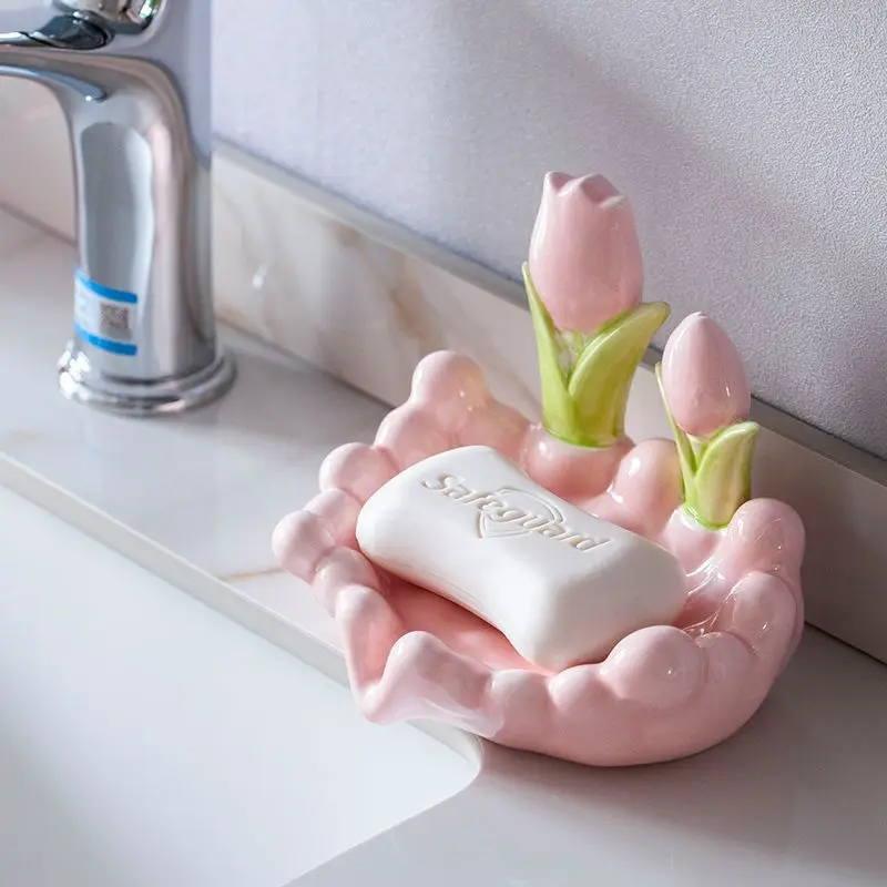 Креативная керамическая цветочная мыльница Дренажная нескользящая мыльница Аксессуары для ванной комнаты Морской белый мыльница для домашней ванны - 0