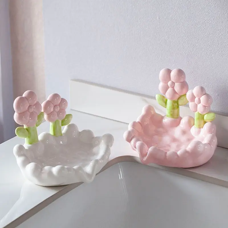 Креативная керамическая цветочная мыльница Дренажная нескользящая мыльница Аксессуары для ванной комнаты Морской белый мыльница для домашней ванны - 2
