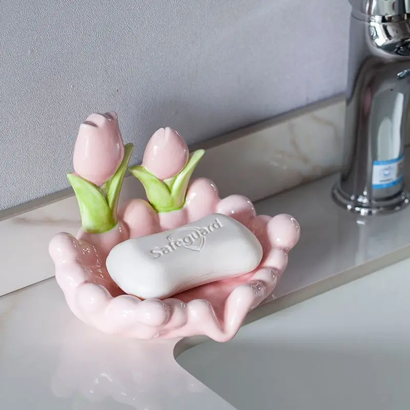 Креативная керамическая цветочная мыльница Дренажная нескользящая мыльница Аксессуары для ванной комнаты Морской белый мыльница для домашней ванны - 3