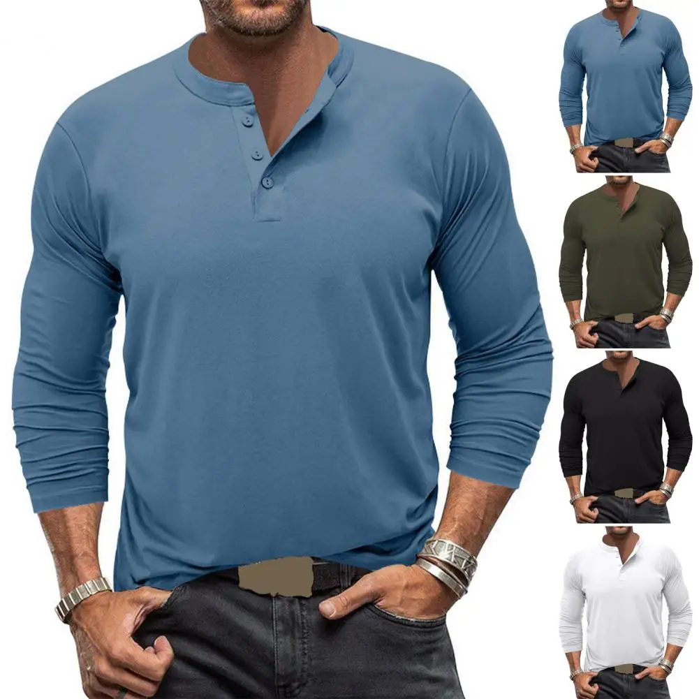 стиль футболка модная мужская приталенная футболка с длинным рукавом стиль однотонная планка на пуговицах уличная одежда для осени мужчин осень - 0