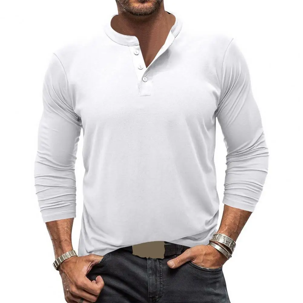 стиль футболка модная мужская приталенная футболка с длинным рукавом стиль однотонная планка на пуговицах уличная одежда для осени мужчин осень - 3