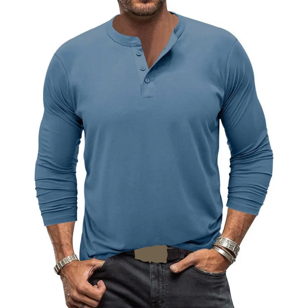 стиль футболка модная мужская приталенная футболка с длинным рукавом стиль однотонная планка на пуговицах уличная одежда для осени мужчин осень - 4