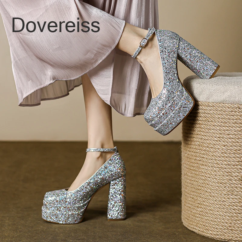 Dovereiss 2024 Новая женская обувь Весна Мода Серебро Водонепроницаемая платформа Квадратный носок Коренастые каблуки Сексуальная пряжка Блок каблуковТуфли - 0