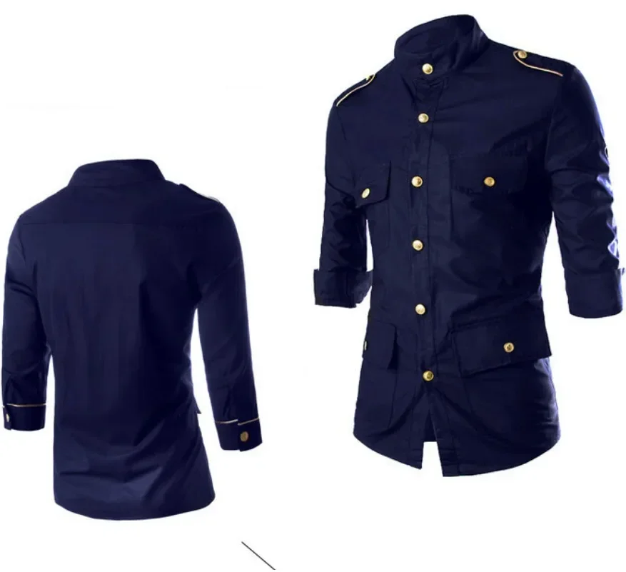 2023 Мужская новая золотая награда для плечевого значка Рубашка с рукавом 3/4 Slim Fit Gold Button Shirt - 3