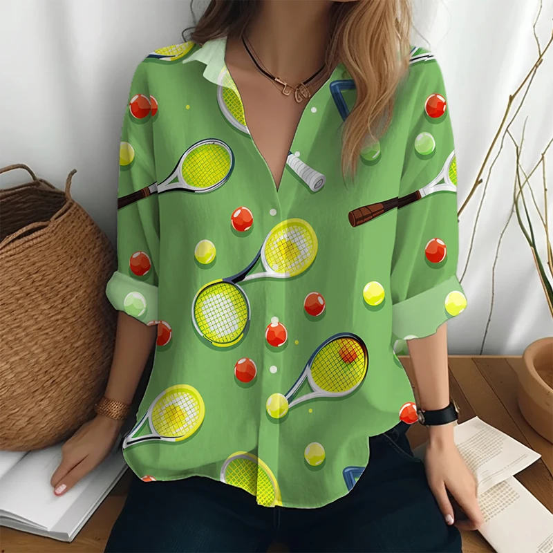 Рубашка в стиле Харадзюку Весна и осень Высококачественная рубашка Женская мода Рубашка на пуговицах Теннис 3D-печатная рубашка с длинными рукавами - 0
