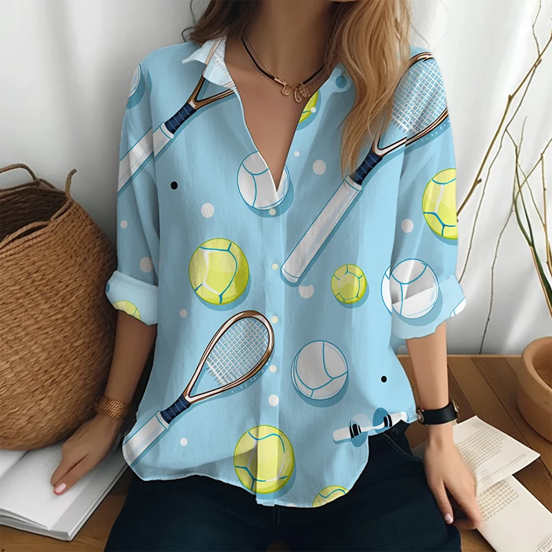Рубашка в стиле Харадзюку Весна и осень Высококачественная рубашка Женская мода Рубашка на пуговицах Теннис 3D-печатная рубашка с длинными рукавами - 1