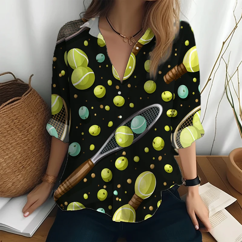 Рубашка в стиле Харадзюку Весна и осень Высококачественная рубашка Женская мода Рубашка на пуговицах Теннис 3D-печатная рубашка с длинными рукавами - 2