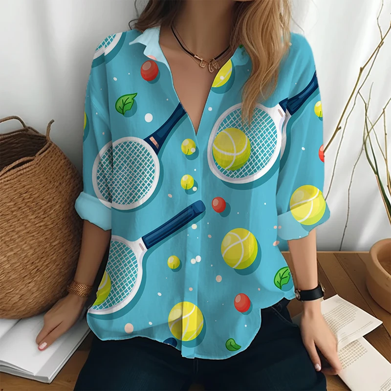 Рубашка в стиле Харадзюку Весна и осень Высококачественная рубашка Женская мода Рубашка на пуговицах Теннис 3D-печатная рубашка с длинными рукавами - 3
