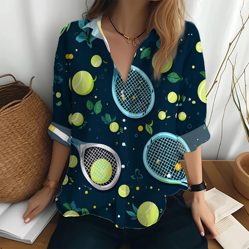 Рубашка в стиле Харадзюку Весна и осень Высококачественная рубашка Женская мода Рубашка на пуговицах Теннис 3D-печатная рубашка с длинными рукавами - 4