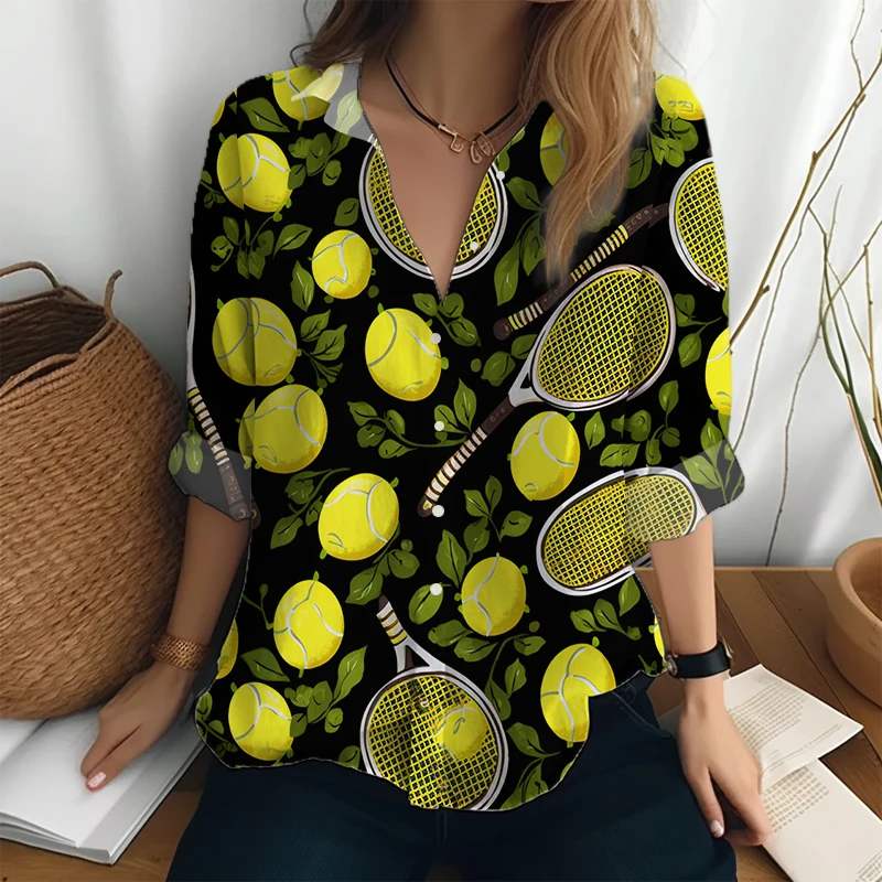 Рубашка в стиле Харадзюку Весна и осень Высококачественная рубашка Женская мода Рубашка на пуговицах Теннис 3D-печатная рубашка с длинными рукавами - 5