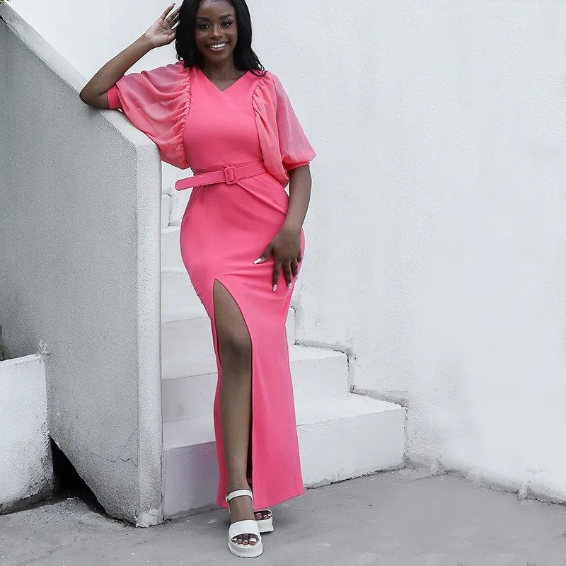 Африканские платья для женщин 2023 Осень Элегантное африканское платье с коротким рукавом и V-образным вырезом Розовое длинное платье Dashiki African Clothing Макси-платье - 1