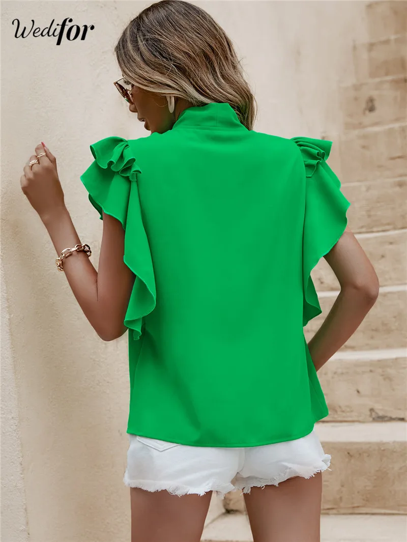 Wedifor 2023 Летние оборки Женская блузка с зеленым бантом Повседневные элегантные рубашки Новая мода без рукавов Женская блузка и топы - 1