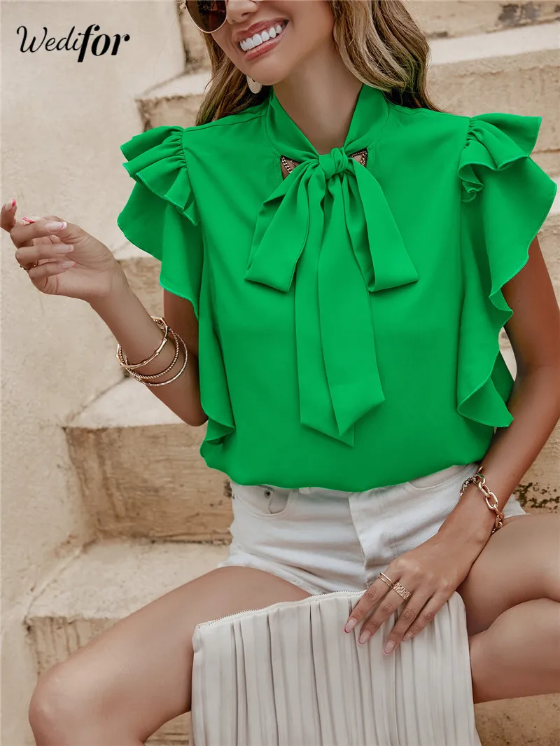 Wedifor 2023 Летние оборки Женская блузка с зеленым бантом Повседневные элегантные рубашки Новая мода без рукавов Женская блузка и топы - 5