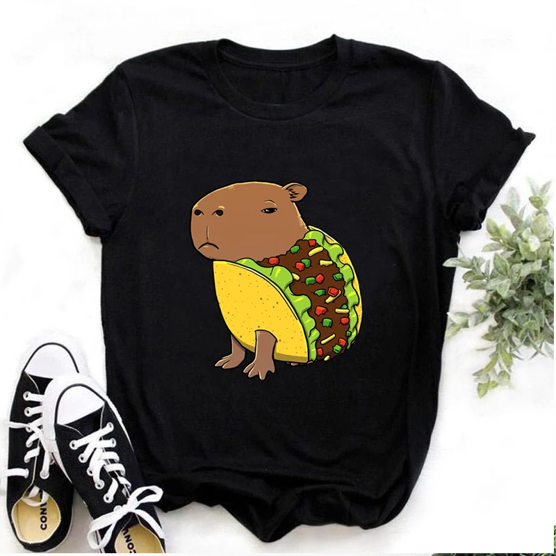 Kawaii Capybara Shark Costume Графическая футболка Симпатичная Capybara Taco Мультяшный принт Футболка унисекс Уличная одежда с о-образным вырезом Женская/мужская футболка - 3