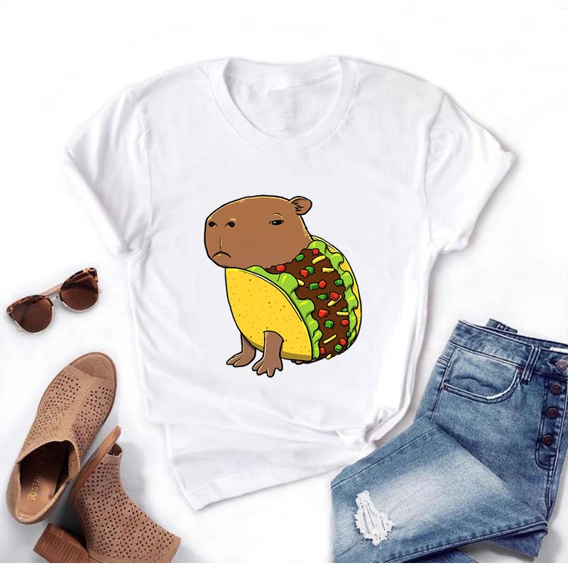 Kawaii Capybara Shark Costume Графическая футболка Симпатичная Capybara Taco Мультяшный принт Футболка унисекс Уличная одежда с о-образным вырезом Женская/мужская футболка - 4