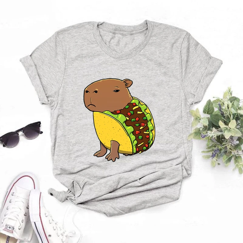Kawaii Capybara Shark Costume Графическая футболка Симпатичная Capybara Taco Мультяшный принт Футболка унисекс Уличная одежда с о-образным вырезом Женская/мужская футболка - 5