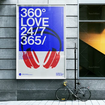 360 degrés amour / 24/7 365 affiche graffiti justice sociale musique Helvetica typographie conception peinture écouteur impressi