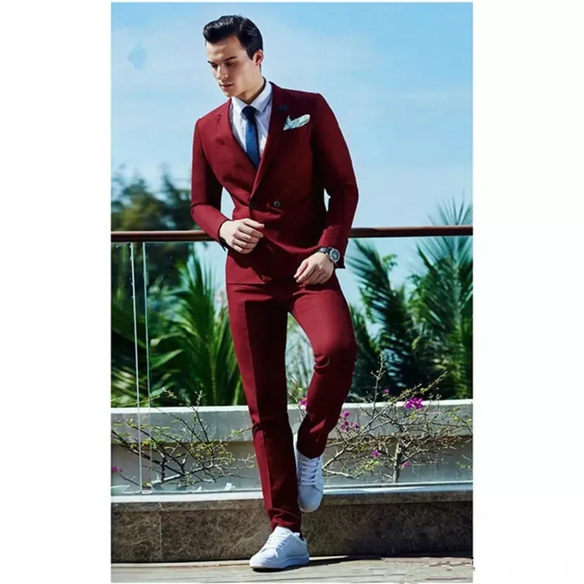 2020 Мода Бургундский двубортный мужской костюм Классический стиль Terno Slim Fit Мужской костюм 2 шт. Смокинг Выпускные куртки + брюки - 0