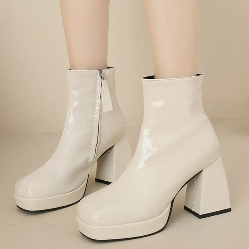 Сексуальные женские ботинки челси на лодыжке 2024 зимние туфли на высоком каблуке Новый дизайнерский бренд Панк сапоги с квадратным носком Застежка-молния Элегантные туфли-лодочки Femme - 0