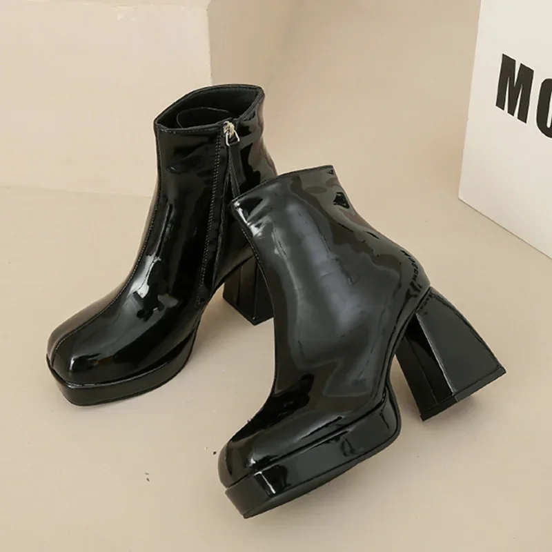 Сексуальные женские ботинки челси на лодыжке 2024 зимние туфли на высоком каблуке Новый дизайнерский бренд Панк сапоги с квадратным носком Застежка-молния Элегантные туфли-лодочки Femme - 1