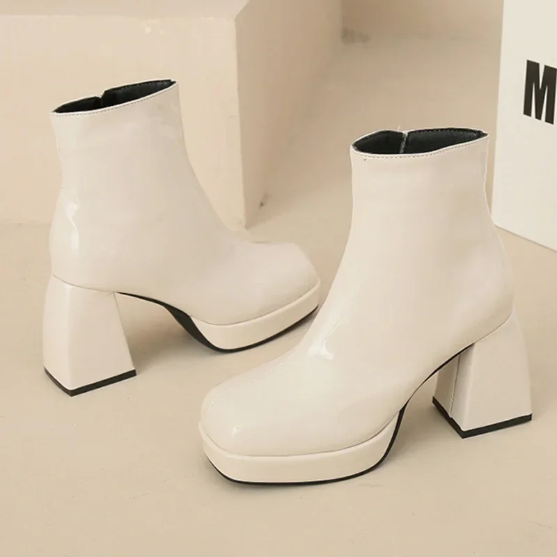 Сексуальные женские ботинки челси на лодыжке 2024 зимние туфли на высоком каблуке Новый дизайнерский бренд Панк сапоги с квадратным носком Застежка-молния Элегантные туфли-лодочки Femme - 2