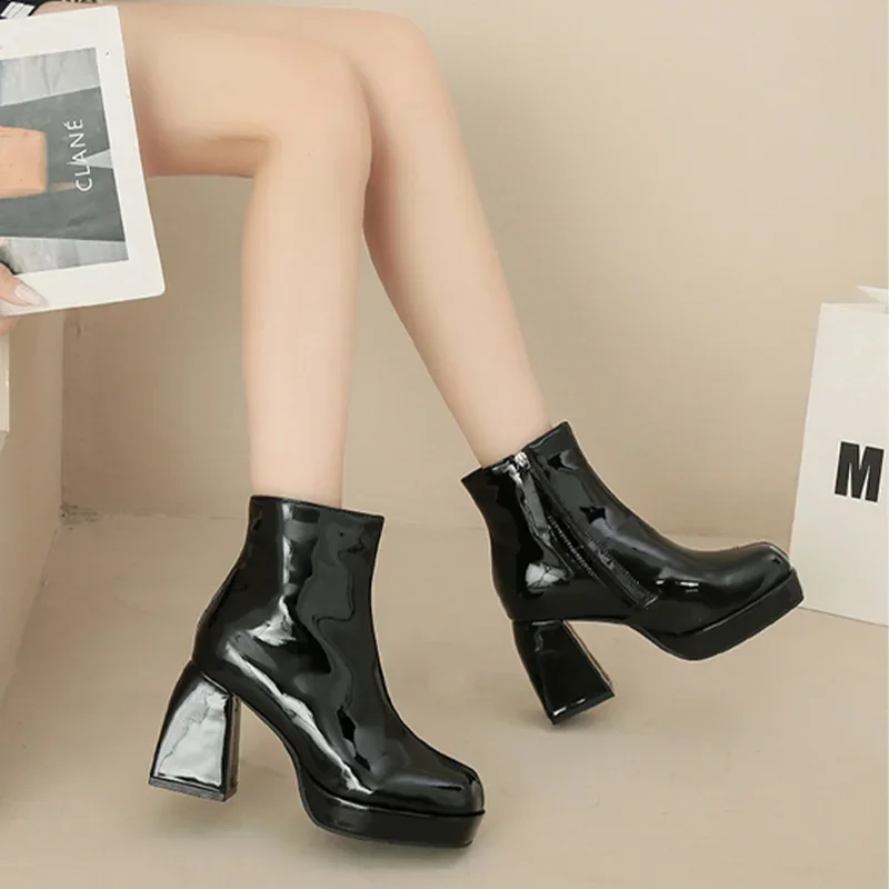 Сексуальные женские ботинки челси на лодыжке 2024 зимние туфли на высоком каблуке Новый дизайнерский бренд Панк сапоги с квадратным носком Застежка-молния Элегантные туфли-лодочки Femme - 3