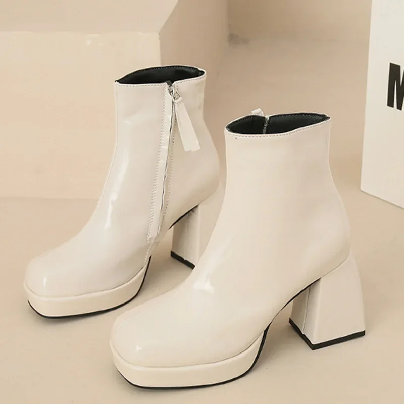 Сексуальные женские ботинки челси на лодыжке 2024 зимние туфли на высоком каблуке Новый дизайнерский бренд Панк сапоги с квадратным носком Застежка-молния Элегантные туфли-лодочки Femme - 4