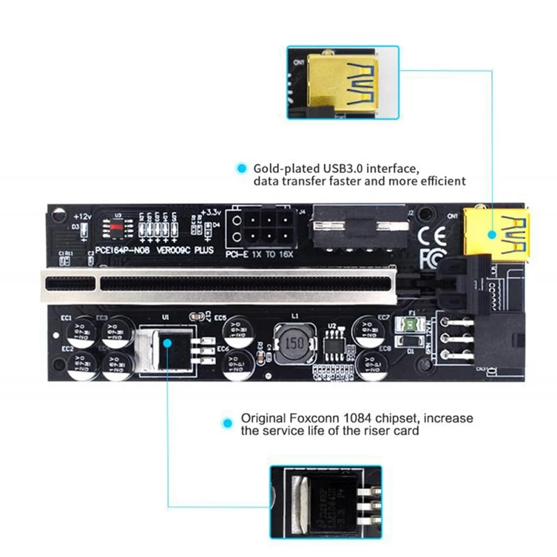 Riser VER 009C Plus PCI Express Адаптер 1X на 16X Extender PCIE Riser Adapter Card SATA Dual 6Pin Adapter - 5